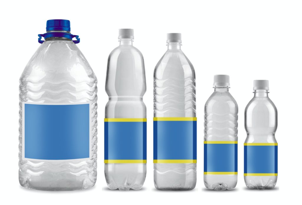 Bottled water in 5 sizes isolated